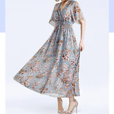 Elegant Vintage Floral Print Chiffon Maxi Dress
