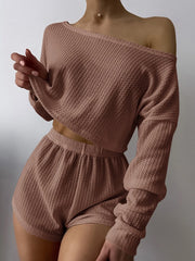 Lounge-Set mit U-Boot-Ausschnitt, überschnittener Schulter und Waffelstrick