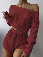 Lounge-Set mit U-Boot-Ausschnitt, überschnittener Schulter und Waffelstrick