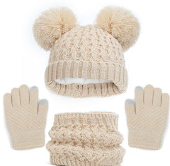 Conjunto de tres piezas de gorro, bufanda y guantes con doble bola gruesa y forro polar para niños, otoño e invierno