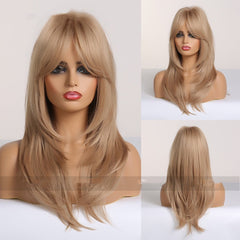 Peluca de pelo liso de longitud media con degradado dorado, negro y marrón