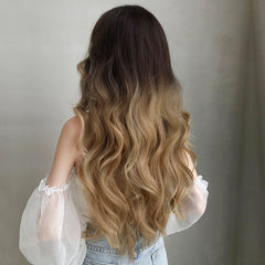 Peluca de cabello largo de cabeza completa, natural, con ondas grandes, dorada, enrollada a mano