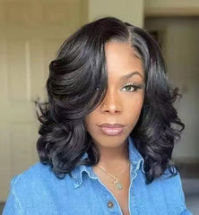 Peluca de fibra de alta temperatura con flequillo lateral y cabello corto y liso