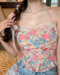 Top con volantes y estampado pastel con lazo en los hombros