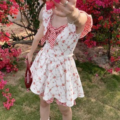 Small Flying Sleeve Floral Plaid Dress