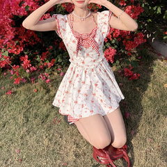 Small Flying Sleeve Floral Plaid Dress