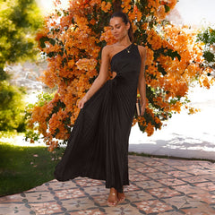 Fitted One Shoulder Pleated Gown Dress