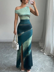 Contrast Color Slim Dress Off-shoulder Long Dress