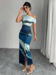 Contrast Color Slim Dress Off-shoulder Long Dress