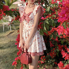 Small Flying Sleeve Floral Plaid Dress