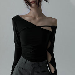 Slant Collar Hollow Long-Sleeved T-shirt