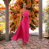Fitted One Shoulder Pleated Gown Dress