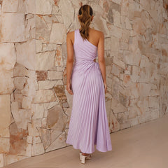 Fitted One Shoulder Pleated Gown Dress