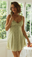 Green Floral Ruffled Strap Mini Dress