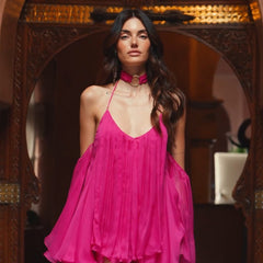 Metal Halter Tassel Mesh Mini Dress