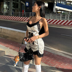 Lace V-neck Pleated Printed Satin Slip Dress