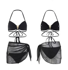 Neckholder-String-Dreieck-Bikini-Set mit frechem Muster und gerüschtem Netzrock mit Kordelzug