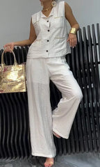 Sleeveless Button Up Top And Pants Set