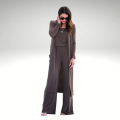 Three Piece Ribbed Knit Cardigan And Pants Set