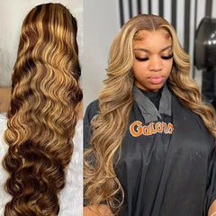 Peluca de ondas grandes con reflejos de color piano, encaje frontal de 13x4, cabello largo y rizado