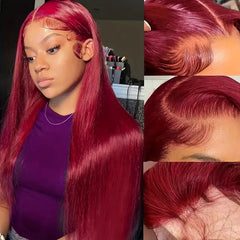 Peluca de pelo natural, esponjosa, lacia, mediana y larga, color vino tinto para mujer