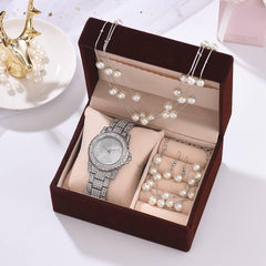 Reloj creativo con diamantes, redondo, lleno de diamantes, pulsera de perlas, pendientes y collar.