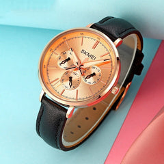 Six-pin Genuine Leather Retro Round Quartz Watch