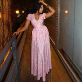 V-Neck Style Bubble Sleeves Long Dress