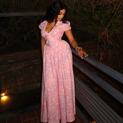 V-Neck Style Bubble Sleeves Long Dress