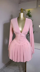 Ruffled V-Neck Long-Sleeved Dress