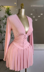 Ruffled V-Neck Long-Sleeved Dress