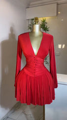 Ruffled V-Neck Long-Sleeved Dress