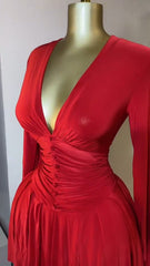 Ruffled V-Neck Long-Sleeved Dress