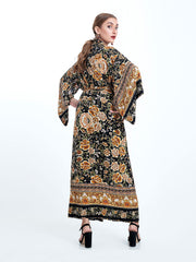 Partywear Blumendruck Schwarz Farbe Baumwolle Lange Länge Kleid Kimono Duster Robe