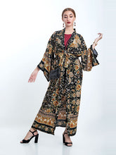 Partywear Blumendruck Schwarz Farbe Baumwolle Lange Länge Kleid Kimono Duster Robe