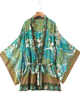 Kimono con estampado floral de pájaros, color verde, algodón, largo corto