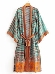 Nachtwäsche, Bohemian-Print mit auffälligem Kontrast, grüne Farbe, langes Baumwollkleid, Kimono-Staubmantel