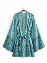 Kurzer Kimono mit Blumendruck, grün, Baumwolle, kurzes Kleid, Kimono, Duster Robe