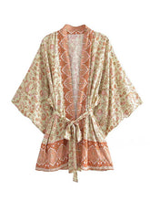 Short Floral Print Brown, Purple and Orange Color Cotton Short Length Gown Kimono Duster Robe
