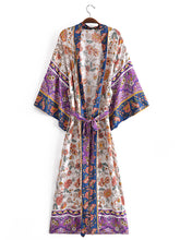 Beachwear Floral Print Purple Color Cotton Long Length Gown Kimono Duster Robe