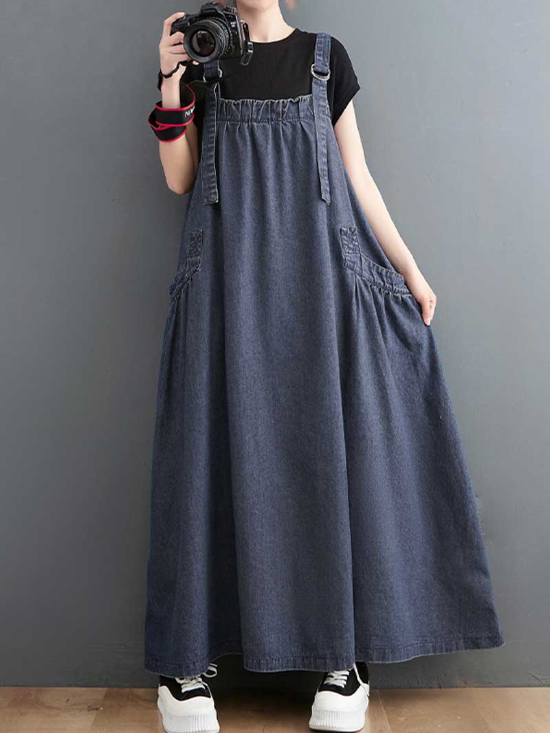 Plain Denim Salopette Overall A-Line Dress Emes Shop Plain Denim Salopette Overall A-Line Dress Emes Shop