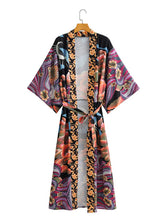 Partywear Langer Kimono Blumen + Mond Print Mehrfarbig Polyester Kleid Robe Kimono Duster Robe