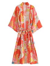 Partykleid, Robe, Blumendruck, mehrfarbig, Baumwolle, langes Kleid, Kimono