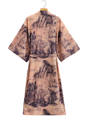 Tie-Dye Print Coffee Color Polyester Long Length Gown Kimono Duster Robe