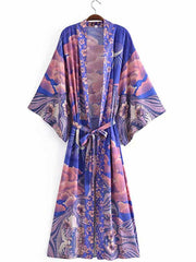 Kimono de seda morado con estampado floral y lunares para fiesta de verano, largo hasta el suelo
