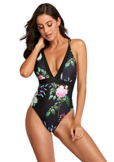 Einteiliger Badeanzug mit tiefem Ausschnitt und offenem Rücken und Blumenmuster