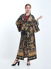 Partywear Blumendruck Schwarz Farbe Baumwolle Lange Länge Kleid Kimono Duster Robe
