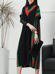 Vestido midi de punto con mangas largas de murciélago y rayas elegante de verano