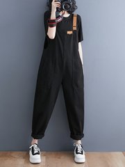 Denim Loose Shoulder Strap Large Size Black Overalls