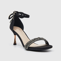 Sandalias de tacón alto y fino con tiras en el tobillo, color negro
